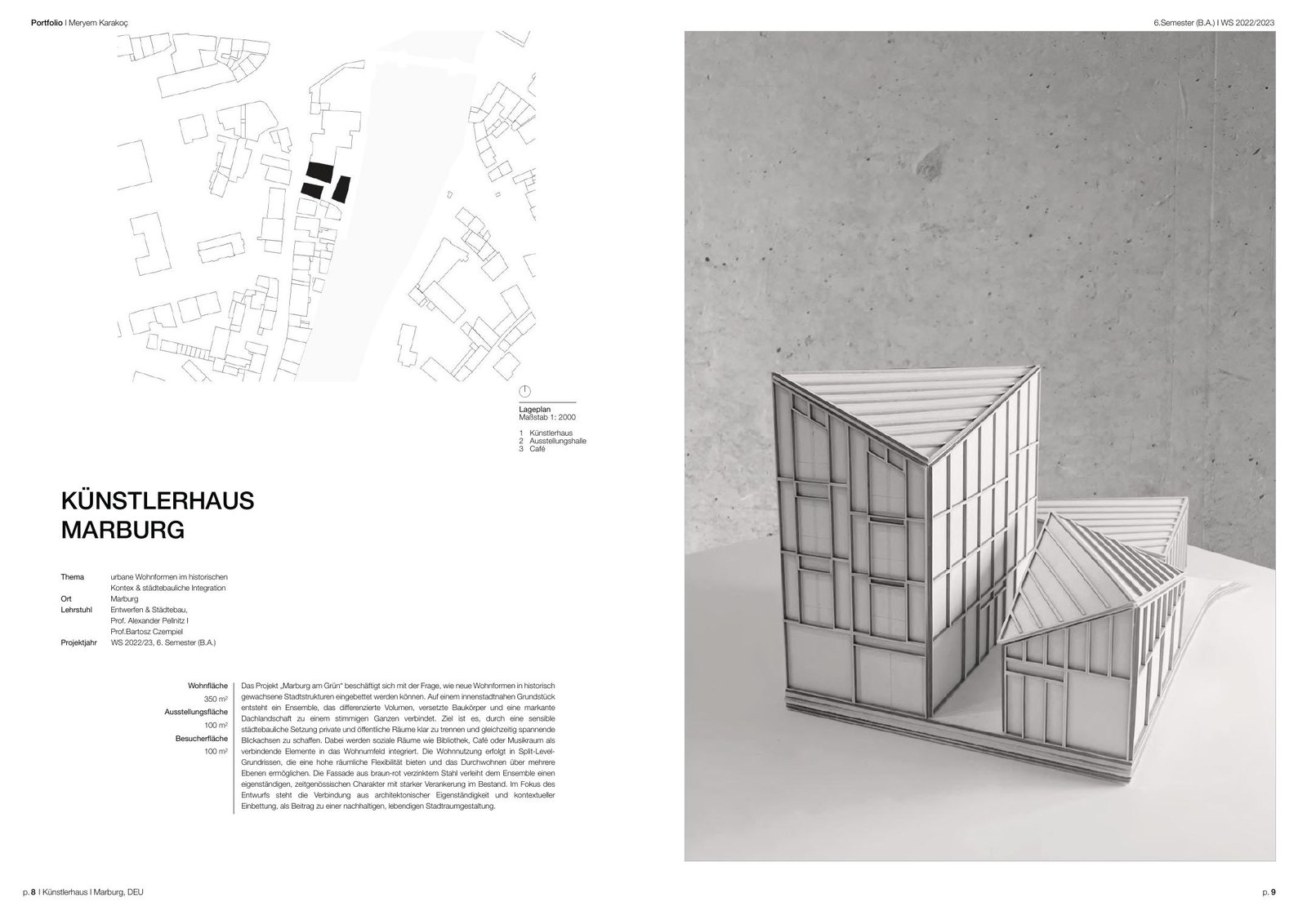 Spread from Meryem Karakoc's portfolio: the opener of Künstlerhaus Marburg, site plan, title, facts and text on the left, a model photo on the right