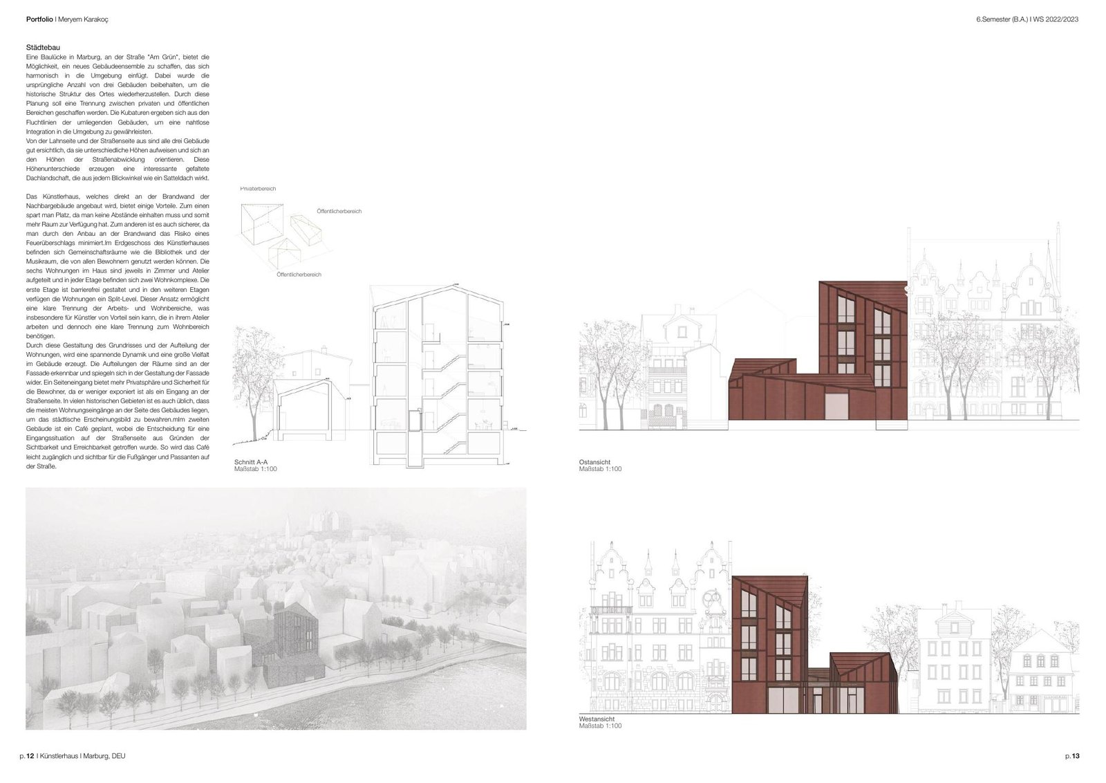The third spread of Künstlerhaus Marburg: a section, an aerial view and two elevations with the building in red