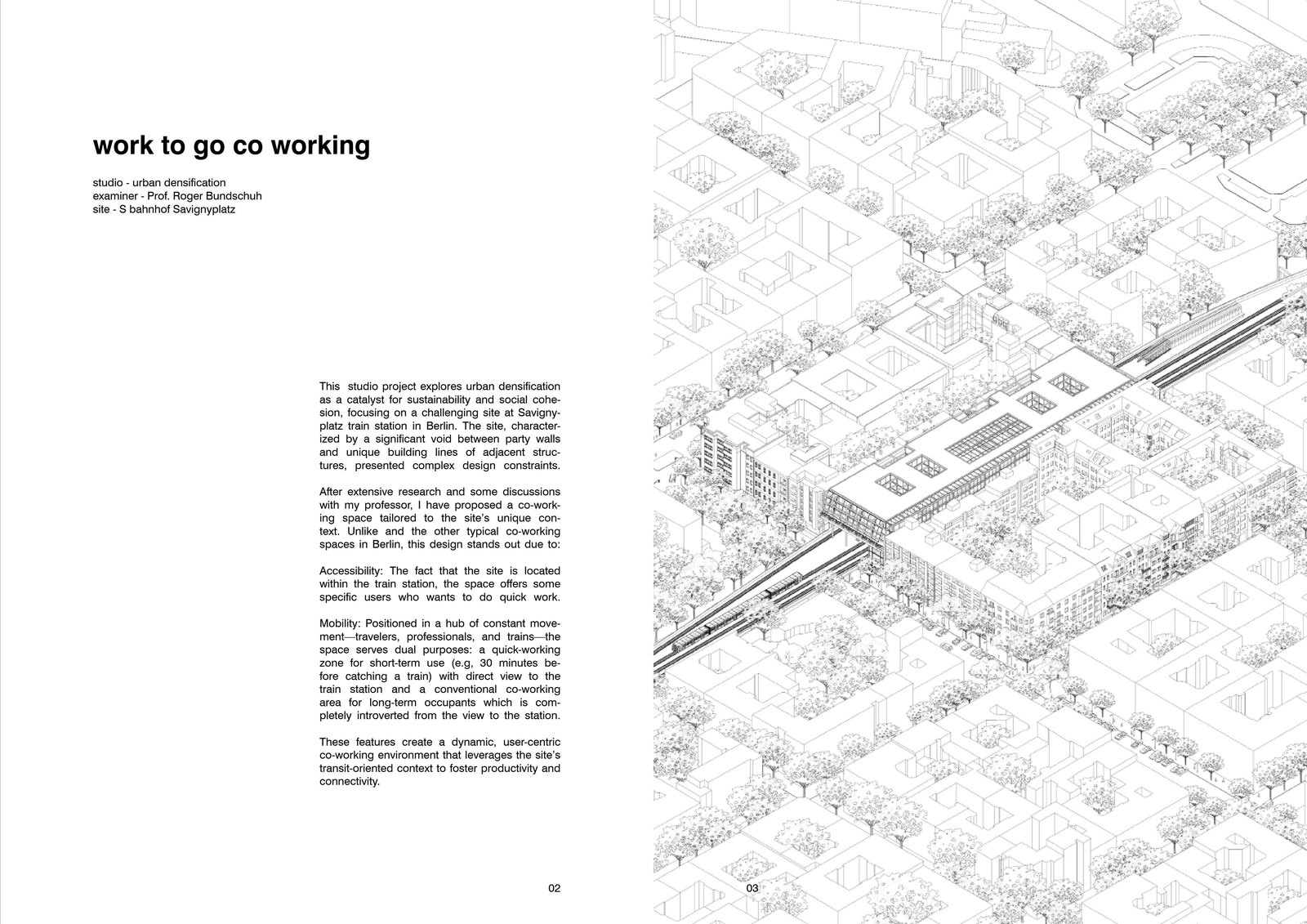 Spread from Nikhil Sharma's portfolio: the opener of Work to go co working, a narrow text column beside an axonometric