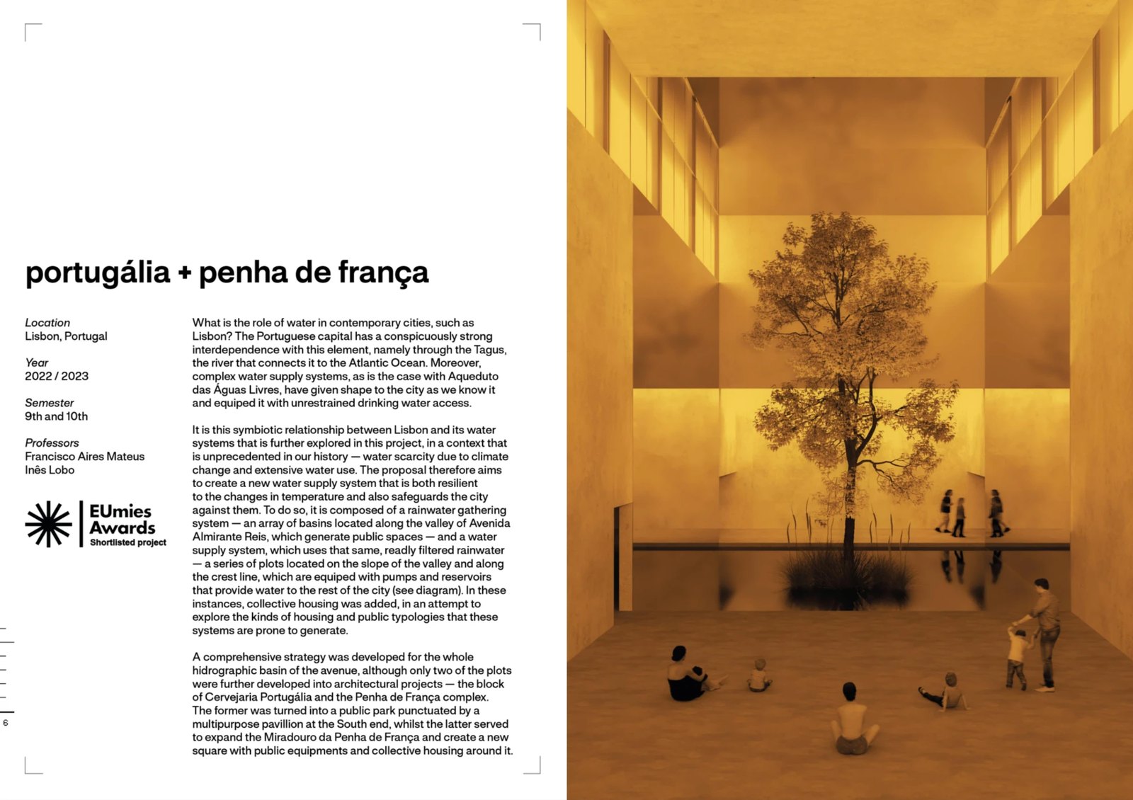 Spread from Vicente Mateus's portfolio: the opener of Portugália + Penha de França, title, facts and text on the left, the main image on the right, with the EUmies Awards shortlist mark